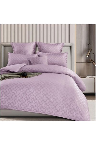 OEM Lenjerie de pat dublă, model în carouri, Finet, 6 piese, 2 persoane, liliac