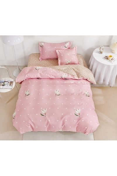 OEM Lenjerie de Pat, Reversibil, Cearșaf cu Elastic, Finet, 1 Persoană, 4 Piese, 140x200cm, Floricele,