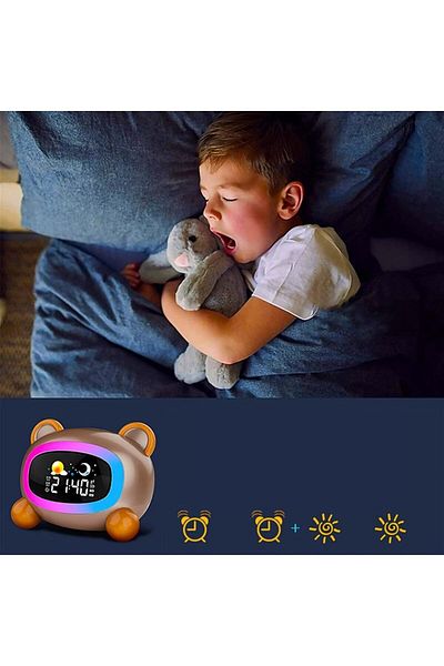 COOYA ساعة منبهة للنوم على شكل حيوان كرتوني، مع ضوء ليلي وموسيقى، مناسبة للأطفال، لون بيج