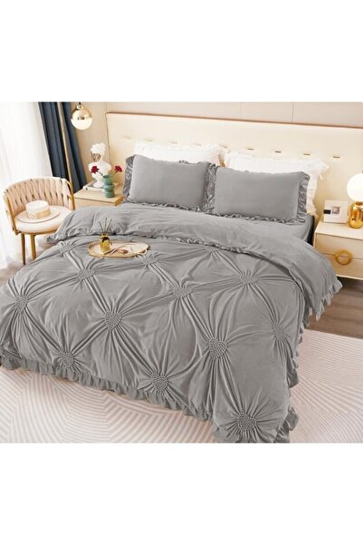 OEM Double Bed Linen, Uni, Embroidered Hearts Pattern, 6 Pieces, Finet, 230x250cm, Gray