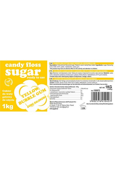 GSG24 Zahăr colorat din vată de zahăr, galben, aromă de gumă de mestecat, 1 kg