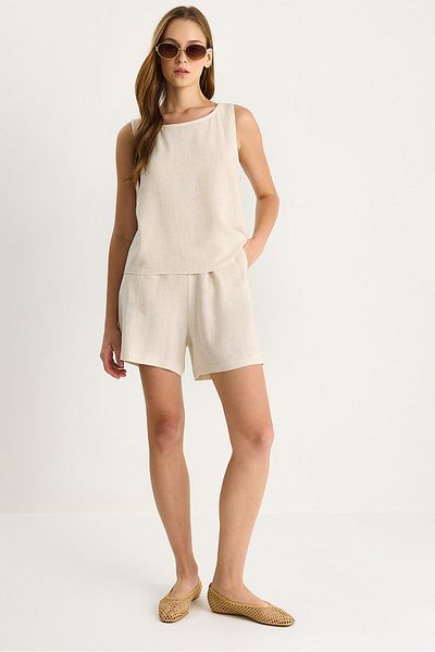 Bianco Lucci Women's Slim Viscose Linen Blouse Shorts Set 60282024