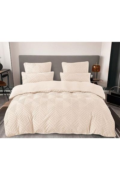 OEM Lenjerie de pat, Grofat Model Romburi, Uni, Finet, 6 piese, 2 persoane, 230x250cm, Crem