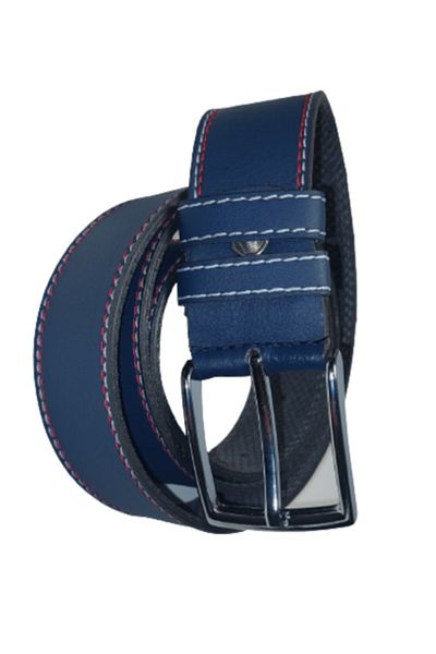 OEM Men's belt leather, navy blue, double stitching, width 4 cm