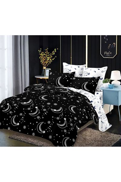 OEM Set lenjerie de pat dublu, 6 piese, imprimeu cu lună, satin fin, alb-negru