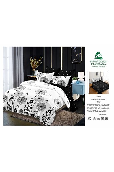 OEM Double Bed Sheet Set, 6 Pieces, Dandelion Print, 230x250cm, Finet, Black-White