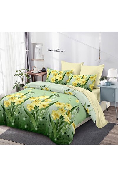 OEM Double Bed Linen, 6 Pieces, Yellow Snowdrop Print, 230x250cm, Multicolor