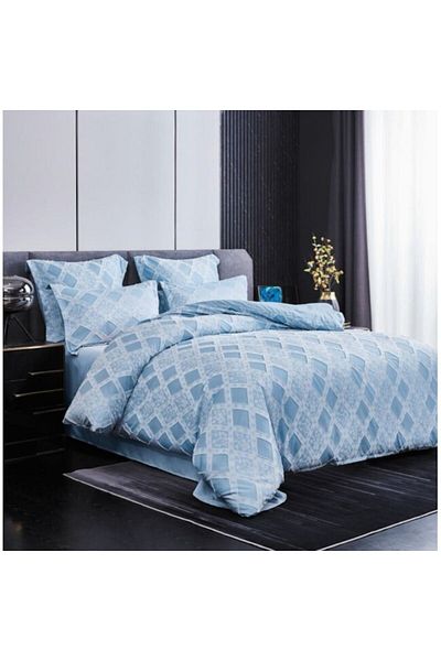 OEM Lenjerie de pat, Uni, Finet, Grofat Model Romburi, 6 piese, 2 persoane, 230x250cm, Blue Sky
