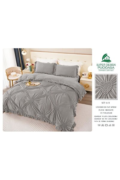 OEM Double Bed Linen, Uni, Embroidered Hearts Pattern, 6 Pieces, Finet, 230x250cm, Gray