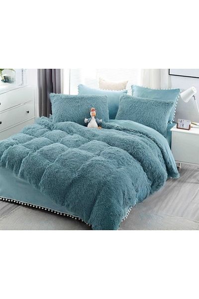 JOJO HOME Lenjerie de pat, Jojo Home, Fluffy, 2 persoane, 6 piese, Uni, 230x250cm, Albastră
