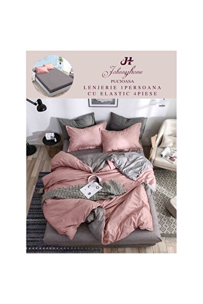 OEM Bed Linen, Reversible, Elastic Sheet, Finet, 1 Person, 4 Pieces, 140x200cm, Pink-Grey