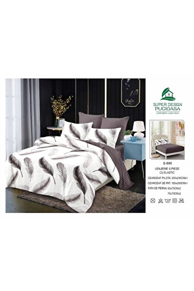 OEM Double Bed Sheet with Elastic, Feather Print, 6 Pieces, 2 Persons, 180x200cm, Finet Satin