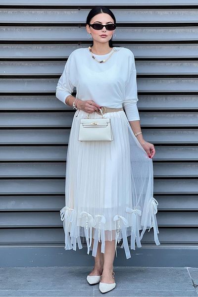 Mahal Tulle Skirt with Bow at the Hem and Chain Pleated