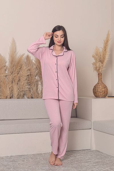 FORMO Women's 100% Cotton Piping High Quality Shirt Collar Buttoned Long Sleeve Battal Pajama Set
