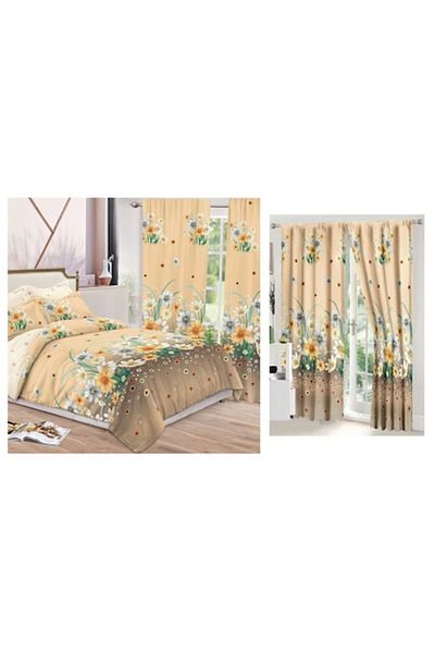 OEM Set Lenjerie de pat dublu cu Draperie asortata, 8 piese, portocaliu deschis-crem