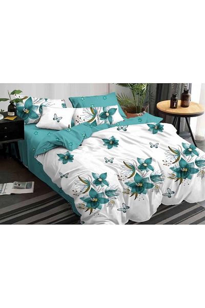 OEM Double Bed Linen Set, Floral Print, 4 Pieces, Single Person, 160x210cm, Finet Satinized, White-Turqu