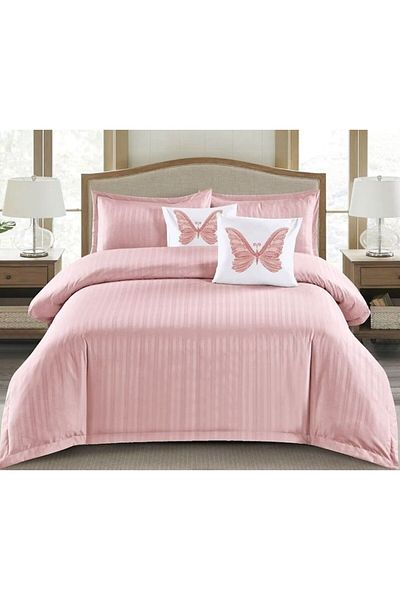 OEM Lenjerie de pat dublu, Primavara, Damasc, 2 persoane, 6 piese, 180x200cm, Alb-Roz