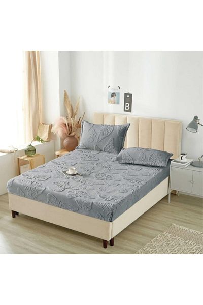 OEM Husa si 2 fete perna, Cocolino, Sherpa Throw, Embosat 3D Fluturi, 3 Piese, 180x200cm, Gri Deschis