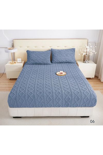 OEM Set de cearșafuri Cocolino cu 2 fețe de pernă, stil tricotat uni, 3 piese, 2 persoane, 180x200 cm, albastru M1