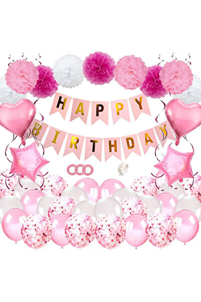 Jstc set de ziua de naștere, latex/folie/hârtie, roz, 54 piese