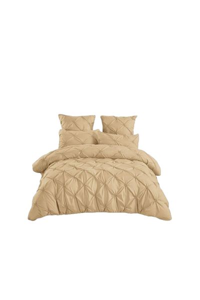 OEM Double Bed Linen Set, Embroidered Pleats Model, 6 Pieces, Cotton Finet, 230x250cm, Beige