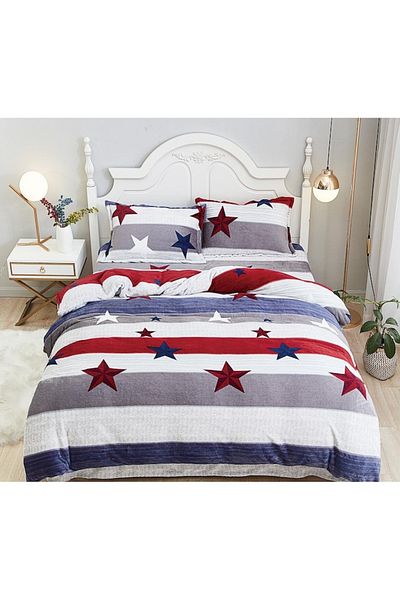OEM Double Bed Sheet Set, Cocolino, Blue and Red Star Pattern, 4 Pieces, 2 Person, Plush Microfiber, 220