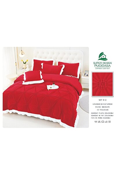 OEM Double bed linen set, Plain, with embroidered hearts, 6 pieces, Finet, 230x250cm Red