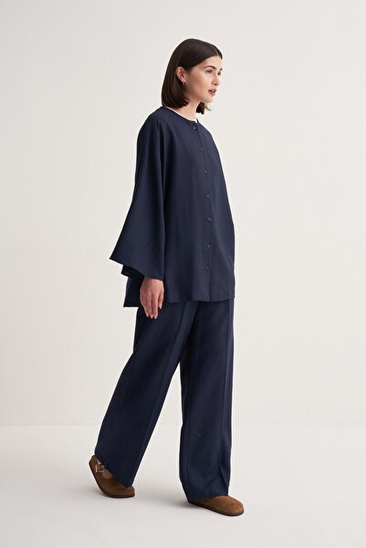 EBU Prive Women's Cupra Draped Cotton Palazzo Trousers Navy Blue