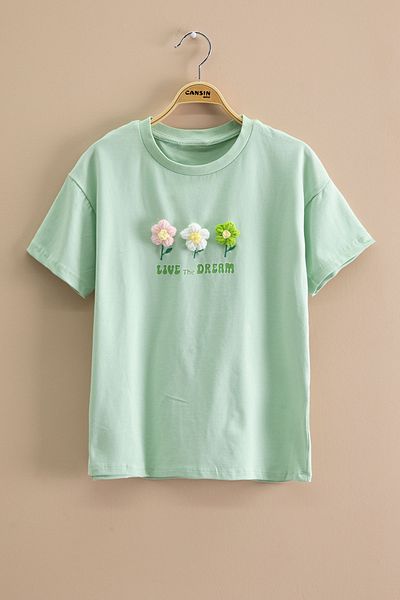 Cansın Mini Tricou pentru fete cu decolteu brodat cu margarete verzi 20986