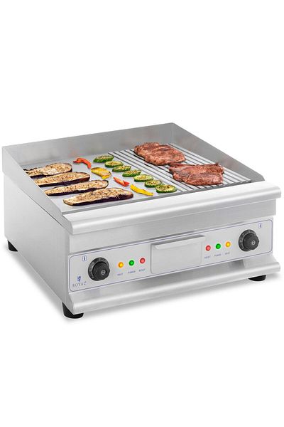 Royal Catering Grătar cu placă dublă cu caneluri netede și sertar pentru grăsime 230 V 2x 3200 W