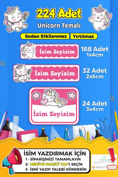 SB store Unicorn Temalı Okul Kreş Kişiye Özel isim Etiket Seti - Model 568