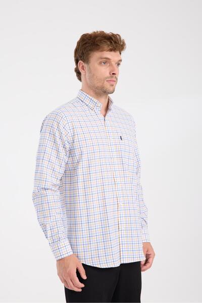 Abbate AClub Aclub Ac10077 Oxford Cotton Blend Regular Fit Yellow Button Collar Men's Checkered Shirt