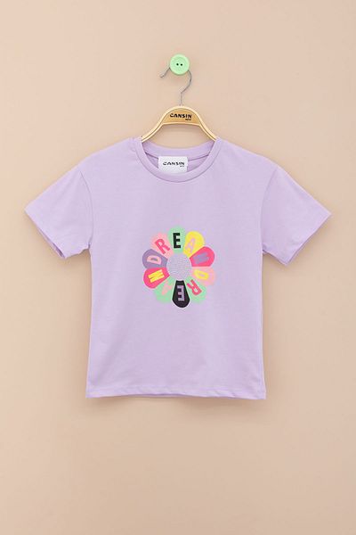 Cansın Mini Lilac Dream Printed Sequined Girl's Short Sleeve T-Shirt 21001