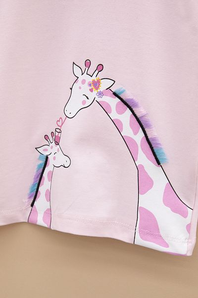 Cansın Mini Pink Giraffe Printed Ruffle Baby Girl Short Sleeve T-Shirt 20991