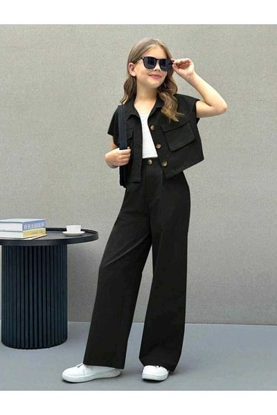 Çamur Kids Young Girl 3-Piece Summer Set (Gabardine Trousers + Jacket with Pocket Detail + Undershirt) – 9-16 Years