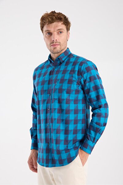 Abbate AClub AClub AC10102 Твіл Бавовняна Regular Fit Синя Комір на ґудзиках Чоловіча картата сорочка