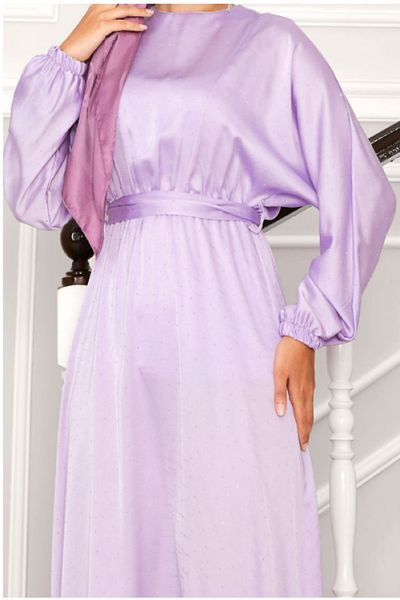 BELLUNI COLLECTION Spotted Stone Detailed Mobile Belted Bat Sleeve Dress Lilac