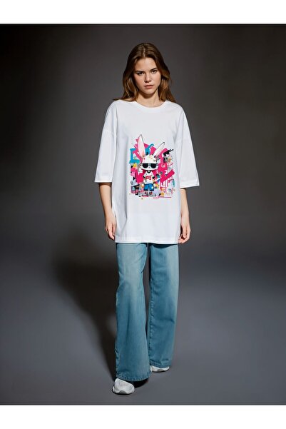 Pink Sky Unisex Cotton White Oversize Printed Crew Neck Comfortable Casual T-Shirt