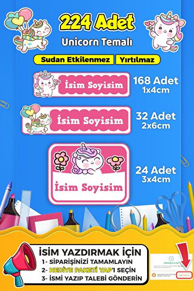 SB store Unicorn Temalı Okul Kreş Kişiye Özel isim Etiket Seti - Model 566