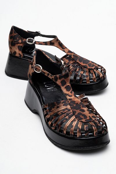 LuviShoes Sandale cu toc cu pană pentru femei ANIEL, cu model galben negru