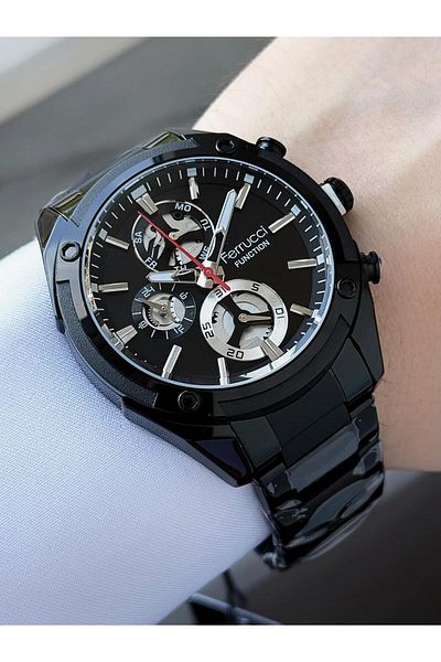 Ferrucci Men's Wristwatch |   Multifunctional Calendar & Day Display |   Black Metal Cord