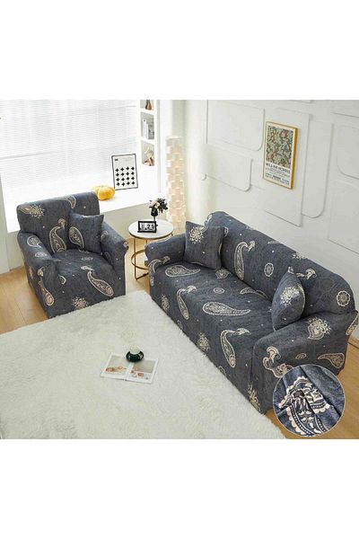 trendyhome Husă elastică cu brațe, canapea cu 2 locuri, bleumarin/crem, J14807