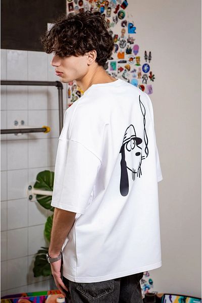 Pink Sky Tricou casual unisex din bumbac alb oversize „Dog” cu decolteu rotund