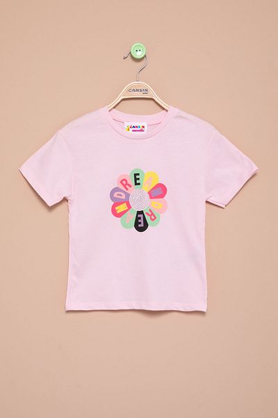 Cansın Mini Pink Dream Printed Sequined Κοριτσίστικο κοντομάνικο μπλουζάκι 21002