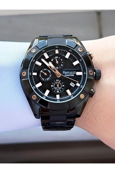 Ferrucci Men's Wristwatch |   With Calendar & Day Display |   Rose Detailed Black Dial