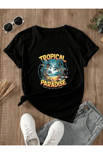 Pink Sky Tricou casual unisex din bumbac negru oversize „Paradise” imprimat cu decolteu