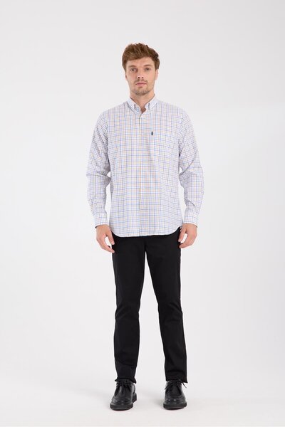 Abbate AClub Aclub Ac10077 Oxford Cotton Blend Regular Fit Yellow Button Collar Men's Checkered Shirt