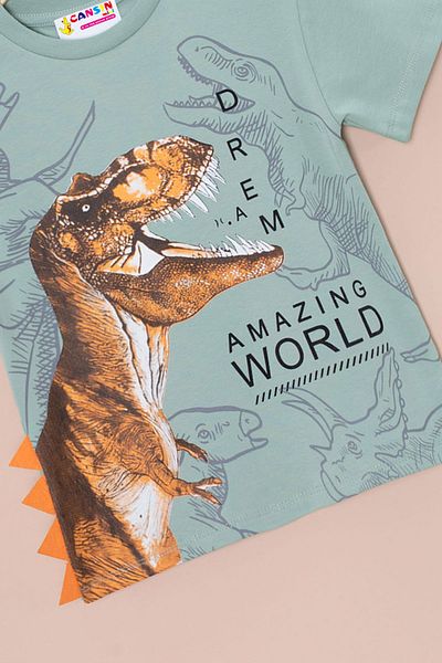 Cansın Mini Tricou pentru băieți cu decolteu rotund cu imprimeu dinozaur verde 20949