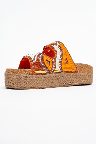 LuviShoes Bobby Orange Stone Ethnic Patterned Straw Thick Cork Soled Women's Slippers