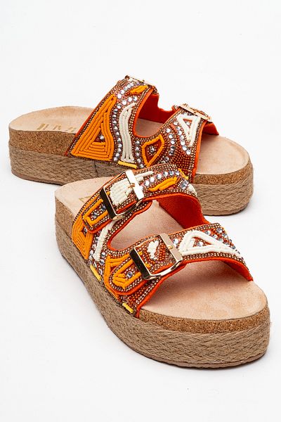 LuviShoes Bobby Orange Stone Ethnic Patterned Straw Thick Cork Soled Women's Slippers